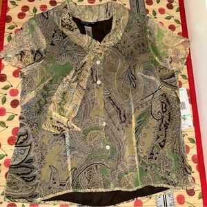 Jones New York Green & Blue Paisley Tie-Neck Blouse
